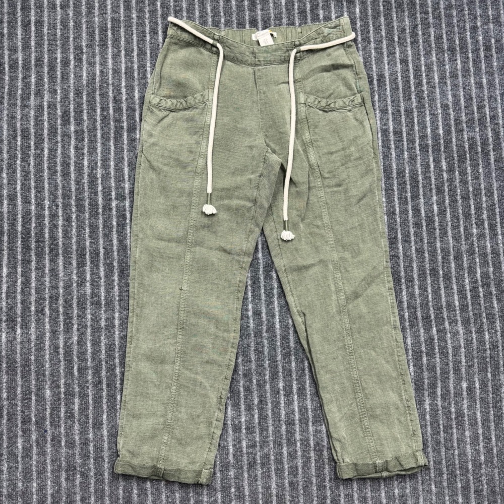 C&C California Womens Linen Blend Crop Pants Small Green Rope Drawstring Boho